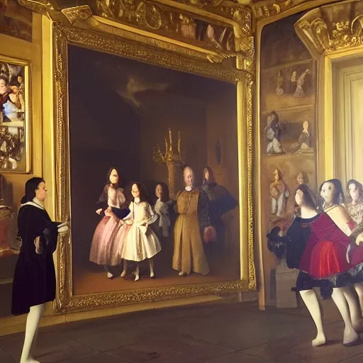 Image similar to super quality family portrait in the main room of the castle painted in 1 6 5 6, dark room, one point of light coming through the window inspired by las meninas, clear spaces between each subject and good detail and realistic eyes, faces for each person in the canva, inspired by diego velasquez baroque style, hdr