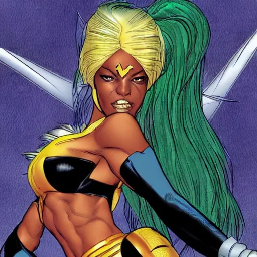 Image similar to aaliyah dana haughton as storm from the x - men, vector image, comic books style, very detailed, by jim lee, by jae lee, by todd mcfarlane, by rob liefeld