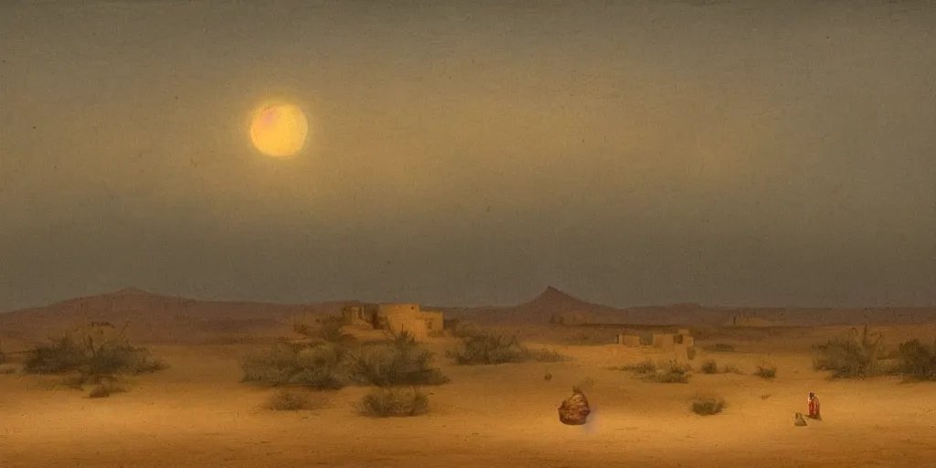 Prompt: desert landscape at night with arabian palace on horizon