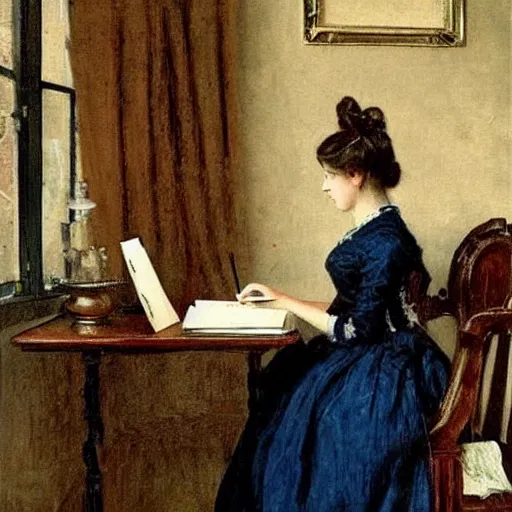 Prompt: victorian girl in ball gown writing a letter, painting by alfred stevens