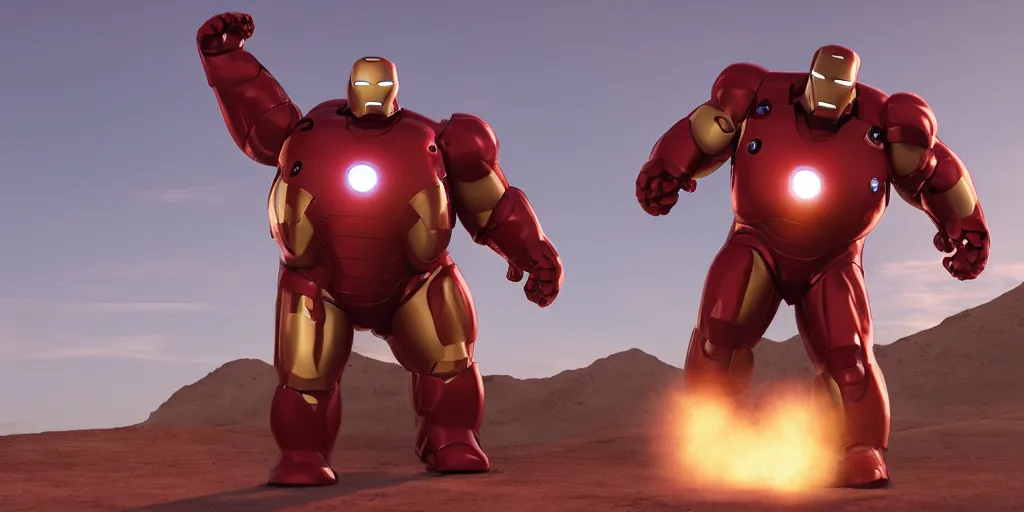 Image similar to obese rotund ironman, cinematic shot