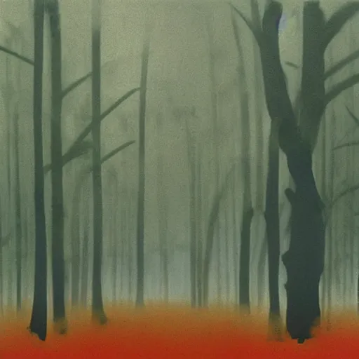 Image similar to foggy pinewood, early in the morning, painting by Andy Warhol