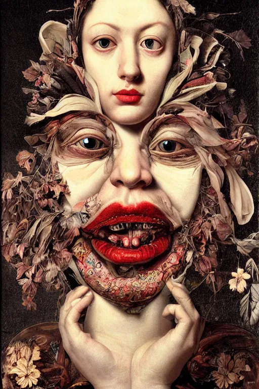 Image similar to Detailed maximalist portrait with large lips and with large wide eyes, surprised expression, extra flesh and eyes, HD mixed media, 3D collage, highly detailed and intricate, surreal illustration in the style of Caravaggio, dark art, baroque