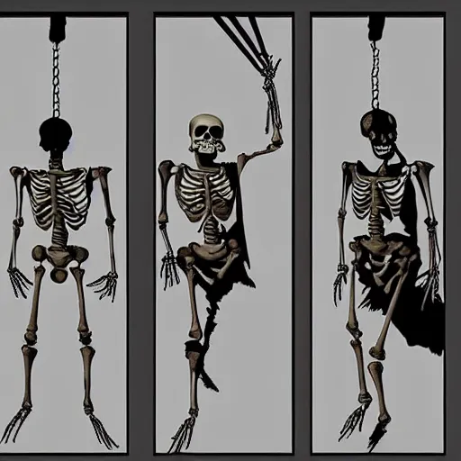 Image similar to four skeletons in body armor hanging from gallows, video game concept art