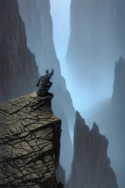 Image similar to emissary gargoyle standing of the edge of a cliff in the italian dolomites in the pouring rain during blue hour by arthur haas and bruce pennington and john schoenherr, cinematic matte painting, zaha hadid building, photo realism, dark moody color palate, blue hour stars, desolate glacial landscape,