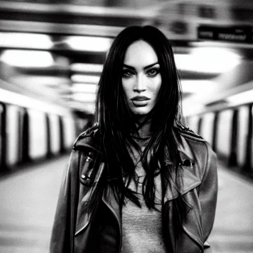 Image similar to fujifilm superia photo portrait of megan fox in the london subway, gloomy, grainy