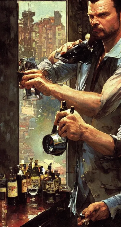 Image similar to close up of max payne pouring a drink, sun shining, photo realistic illustration by greg rutkowski, thomas kindkade, alphonse mucha, loish, norman rockwell.