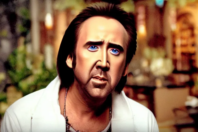 Image similar to Nicolas cage in barbie grilling high resolution still film