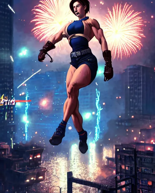 Image similar to gigachad jill valentine bodybuilder jumping in front of a fireworks show fighting in racoon city, fantasy character portrait, ultra realistic, anime key visual, full body concept art, intricate details, highly detailed by greg rutkowski, ilya kuvshinov, gaston bussiere, craig mullins, simon bisley