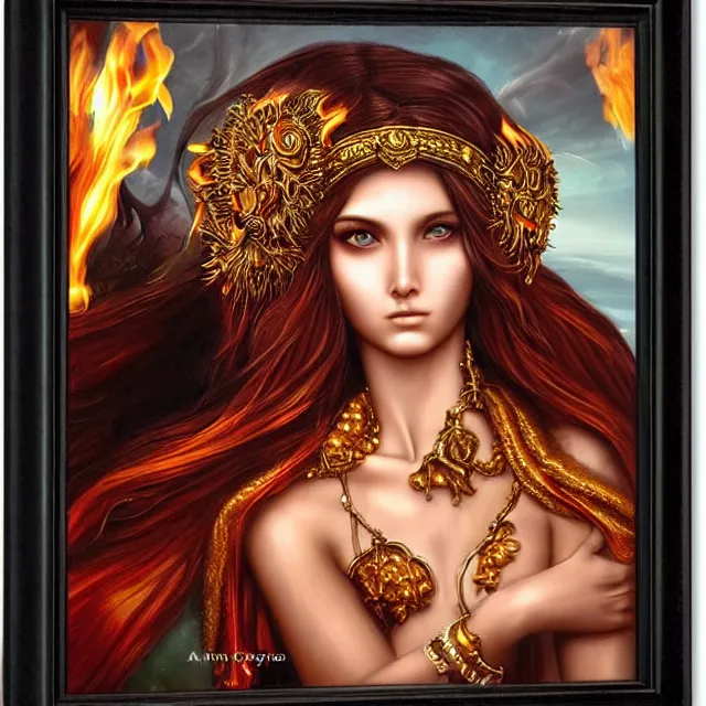 Image similar to perfectly centered close up portrait, goddess of fire, candid photography, by anne stokes, highly detailed