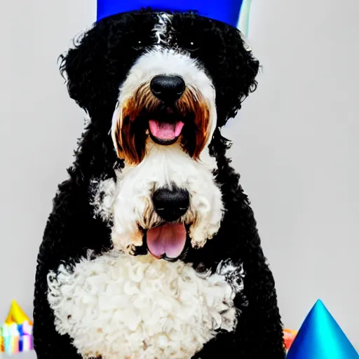 Prompt: black 8 year old bernadoodle with a white chest wearing a birthday hat