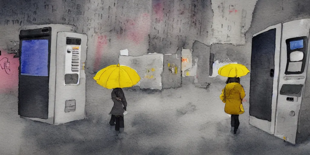 Prompt: ultrawide, simple watercolor of a dusty deserted city, a girl with a parka and a yellow umbrella, broken vending machines, in the style of Ghost in the Shell