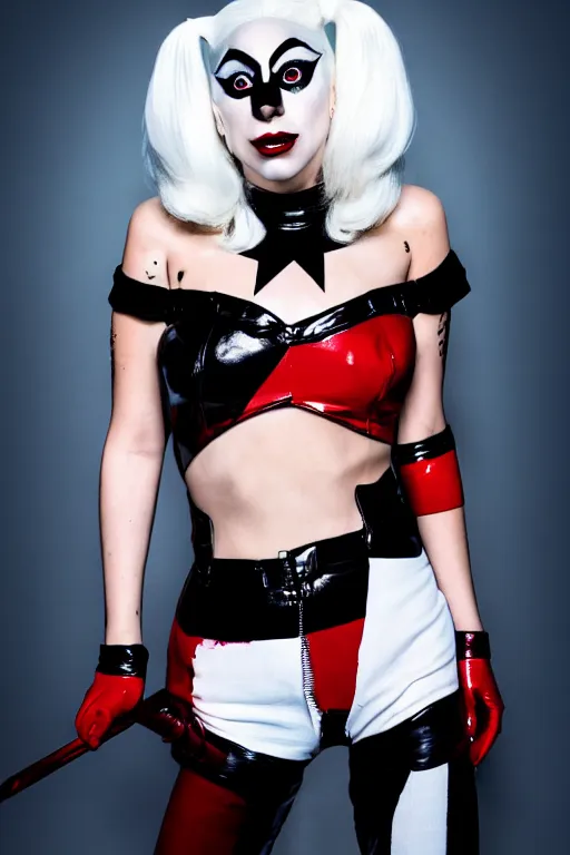 Image similar to scared lady gaga as harley quinn, attacked by teddy bear, luxury materials, symmetrical, cinematic, elegant, professional studio light, real dlsr photography, sharp focus, 4 k, ultra hd, sense of awe, high fashion