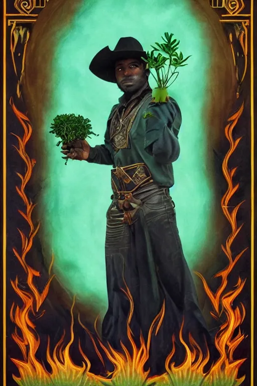 Prompt: a beautiful dramatic epic ethereal symmetrical painting of a cowboy holding a green plant in his hands | he is dark skinned and wearing a cowboy hat | background is an epic flames fire conflagration | tarot card, art deco, art nouveau | by Mark Maggiori | trending on artstation