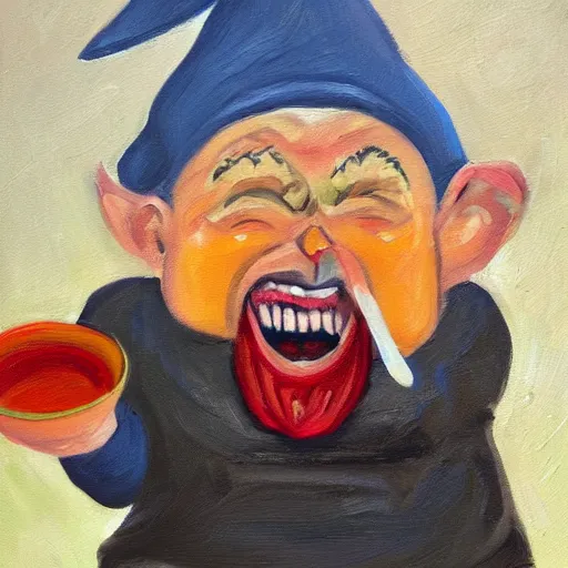 Image similar to oil painting of an angry gnome screaming while eating