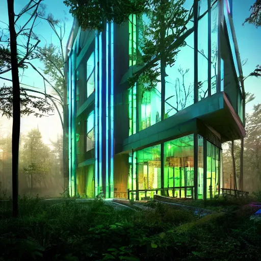 Prompt: neon glass architecture in a peaceful forest, cyberpunk style science fiction