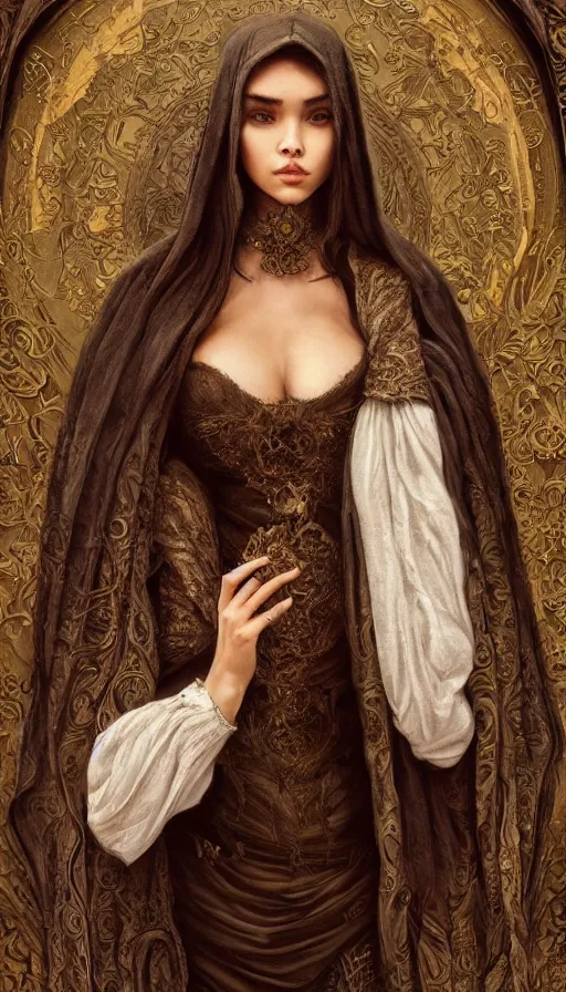 Prompt: madison beer, traditional russian clothing, fame of thrones, fibonacci, sweat drops, intricate fashion clothing, insane, intricate, highly detailed, surrealistic, digital painting, artstation, concept art, smooth, sharp focus, illustration, unreal engine 5, 8 k, art by artgerm and greg rutkowski and alphonse mucha