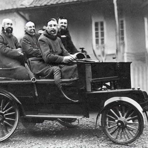 Prompt: Danish priest in 1916 driving a Ford-T recklessly while singing about crows,