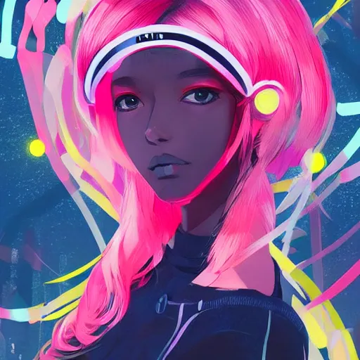 Prompt: poster woman with futuristic streetwear and hairstyle, colourful, cute face, anime eyes, dynamic portrait, full face shot, intricate eyes, beautiful, elegant, Anime by Kuvshinov Ilya, Cushart Krentz and Gilleard James, 4k, HDR, Trending on artstation, Behance, Pinterest, award winning