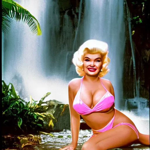 Image similar to a very beautiful award winning kodachrome of jayne mansfield under a tropical waterfall, full body, pale pink bikini, pink lipstick, detailed face, cinematic lightning, golden hour, medium shot, dslr, cryengine, raytracing, 4 k, cinematic wallpaper by gil elvgren, robert maguire, rudolf belarski
