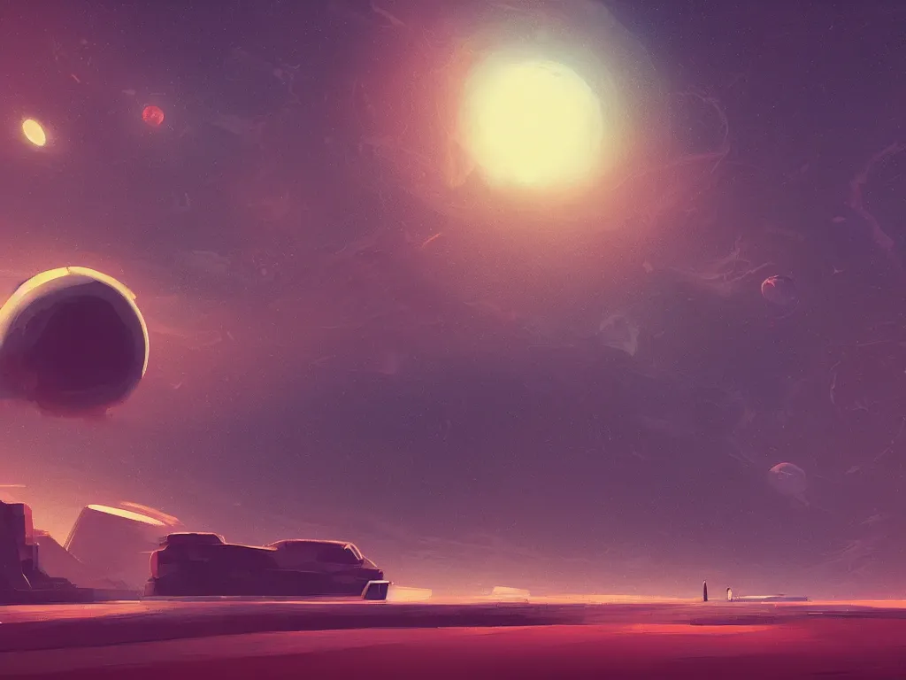 Image similar to a minimalist deep space space station floating next to a stormy desert planet by alena aenami speedart