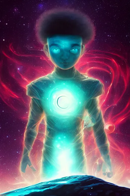 Image similar to galaxy bender experiencing the quantum field, elevated consciousness, beautiful astrological neural network, bob ross matte painting and tim burton comic book art, realistic, trending on artstation, sharp focus, depth of field, cinematic composition, physics splashes of colors