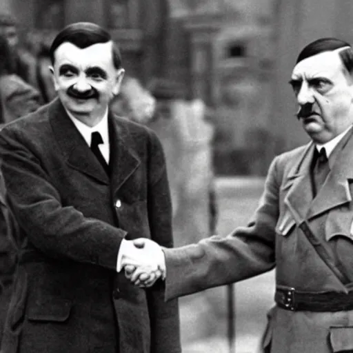 Prompt: A still of Mr Bean shaking hands with Hitler