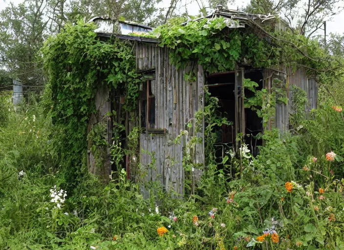 Image similar to post apocalyptic overgrown shed, covered in vines with wildflowers growing near the base, 3 PM sunny, humid