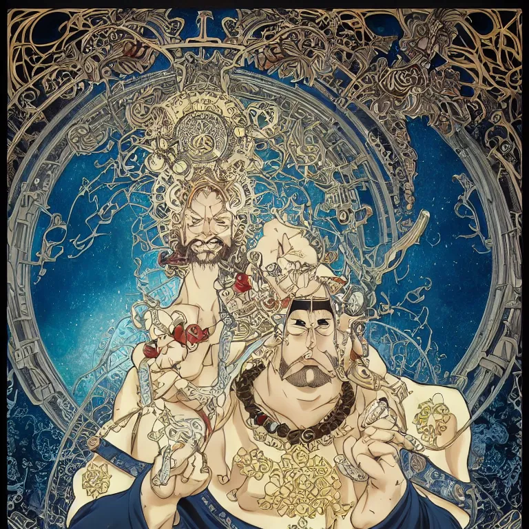 Prompt: portrait of Jinbe from one piece comic by Jeff Easley and Peter Elson + beautiful eyes, beautiful face + symmetry face + border and embellishments inspiried by alphonse mucha, fractals in the background, galaxy + baroque, gothic, surreal + highly detailed, intricate complexity, epic composition, magical atmosphere + masterpiece, award winning + trending on artstation