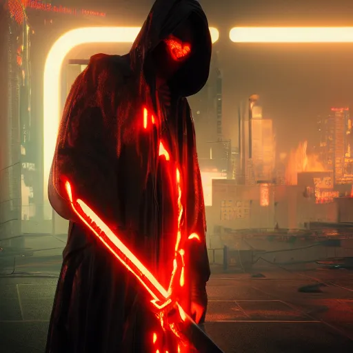 Image similar to hyperrealistic neon grimm reaper holding a scythe, photorealistic cinematic render, octane render, cyberpunk in hell, fog, fire, 8 k, unrealengine