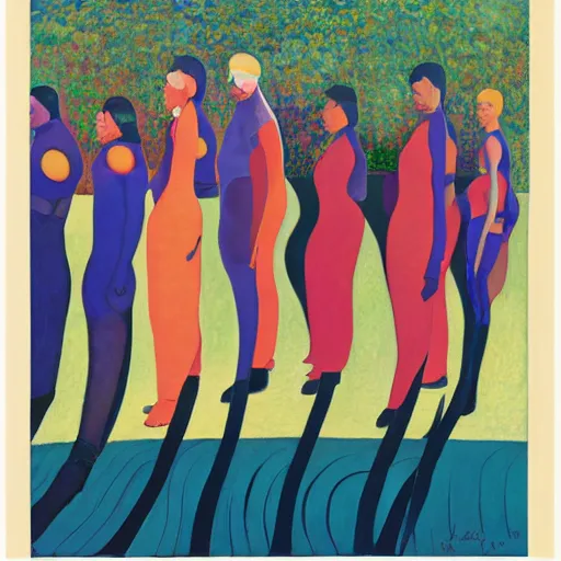 Image similar to soft, curvaceous by mati klarwein, by marsden hartley, by tatsuro kiuchi. a beautiful experimental art of a group of people standing in a line. they are all facing the same direction & appear to be waiting for something.