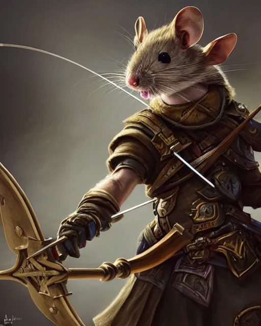 Prompt: closeup 2 8 mm anthropomorphic archer mouse using a crossbow in a castle, d & d, fantasy, intricate, action pose, particle effects, highly detailed, digital painting, artstation, concept art, matte, sharp focus, volumetric lighting, illustration, hearthstone, art by artgerm, wlop, craig mullins, alphonse mucha