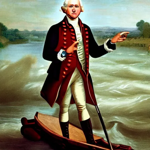 Image similar to painting of george washington talking on his iphone as he crosses the delaware river