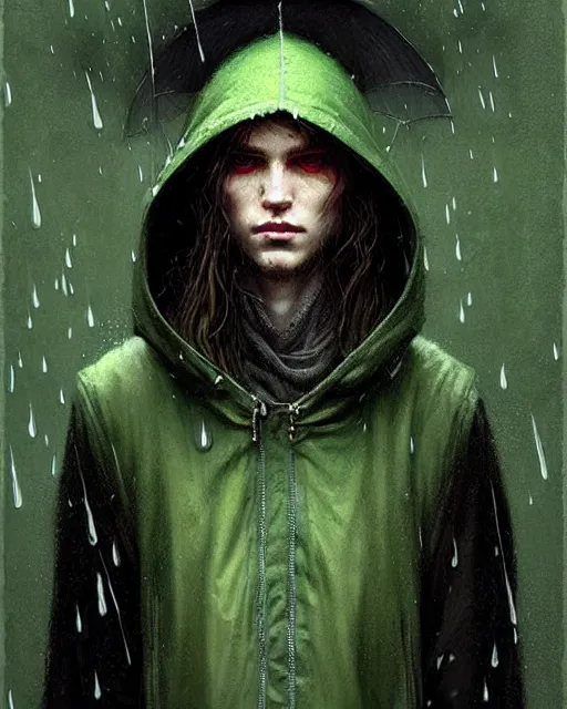 Image similar to portrait Green hooded jacket coat Hunter man elf, long-haired At the rainy town, soaked By greg rutkowski, tom bagshaw, beksinski