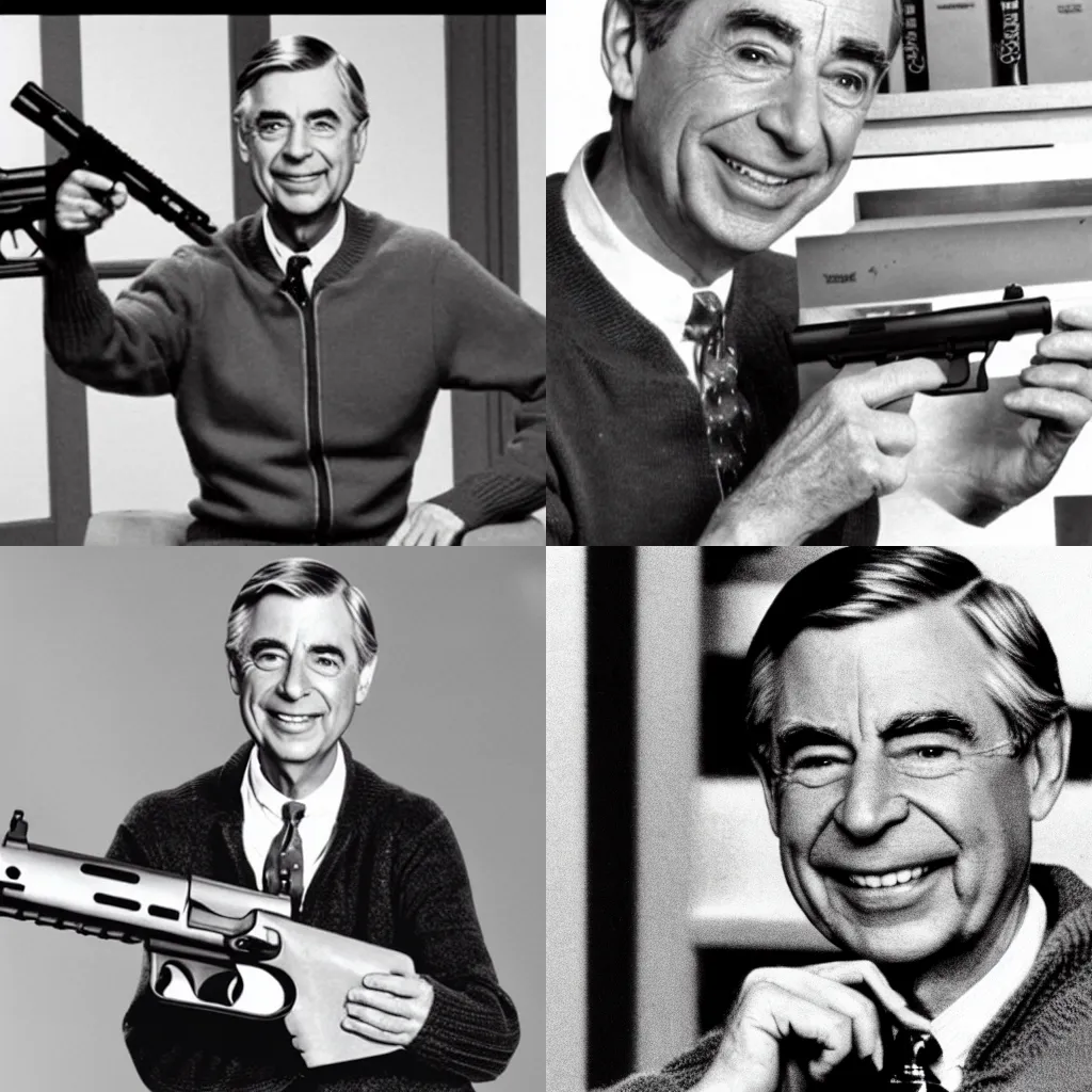 Prompt: Mister Rogers showing everyone how cool guns make him look