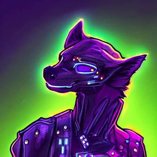 Prompt: digital painting of anthromorphic hyena female, fursona, furry fandom, neon rainy cyberpunk setting, anthro, wearing cyberpunk leather jacket, detailed face,