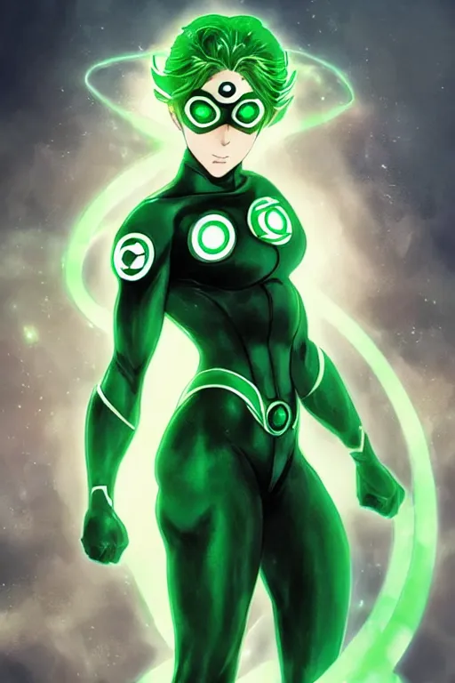 Image similar to anime key visual of a beautiful young female green lantern!! intricate, green and black suit, glowing, powers, dc comics, cinematic, stunning, highly detailed, digital painting, artstation, smooth, hard focus, illustration, art by artgerm and greg rutkowski and alphonse mucha