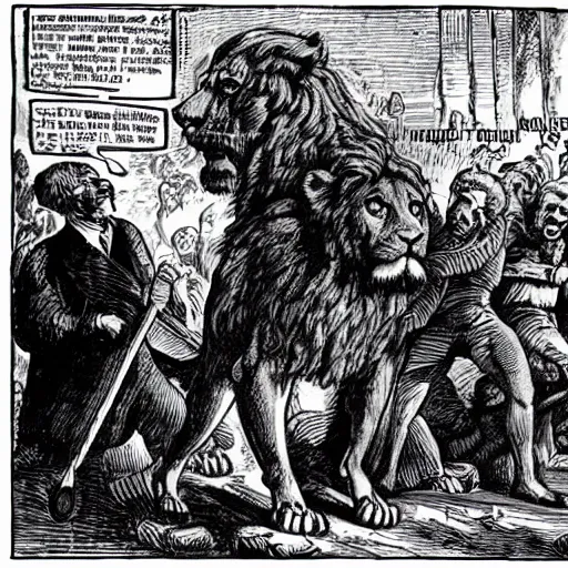 Image similar to Possessed Karl Marx stops a thousand giant lions from eating Earth