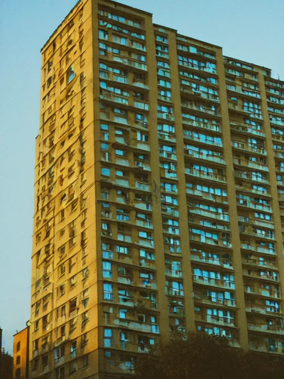 Image similar to photo of low soviet panel residential building, extreme wide shot, golden hour, kodak gold 2 0 0, side - view