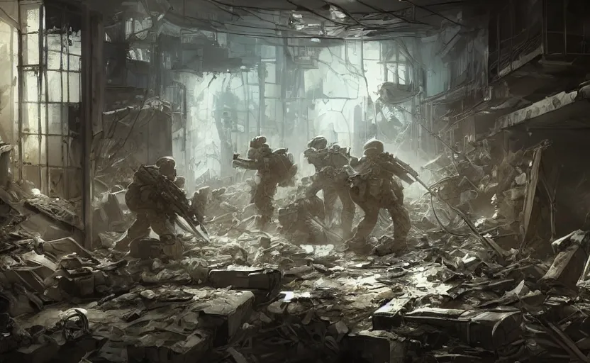 Image similar to American soldiers entering a ruined apartment, post-apocalyptic vibe, digital art made by Stanley Artgerm Lau, WLOP, Rossdraws, James Jean, Andrei Riabovitchev, Marc Simonetti, Yoshitaka Amano, ArtStation, CGSociety