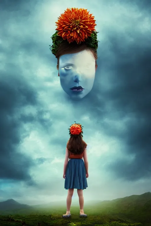 Image similar to closeup giant dahlia flower crown as head, girl standing on mountain, surreal photography, blue storm clouds, dramatic light, impressionist painting, digital painting, artstation, simon stalenhag