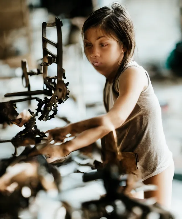 Image similar to A beautiful girl makes bronze gear, 50mm photo, soft light, extremely high details, motion blur