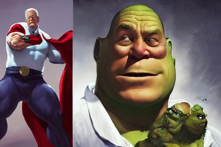 Prompt: Joe biden as a superhero fighting shrek and peter griffin, beautiful androgynous prince, featured on artstation, cinematic chiaroscuro, digital art by Leyendecker and Norman Rockwell