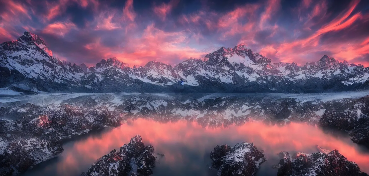 Image similar to amazing landscape photo of mountains with lake in sunset by marc adamus, beautiful dramatic lighting