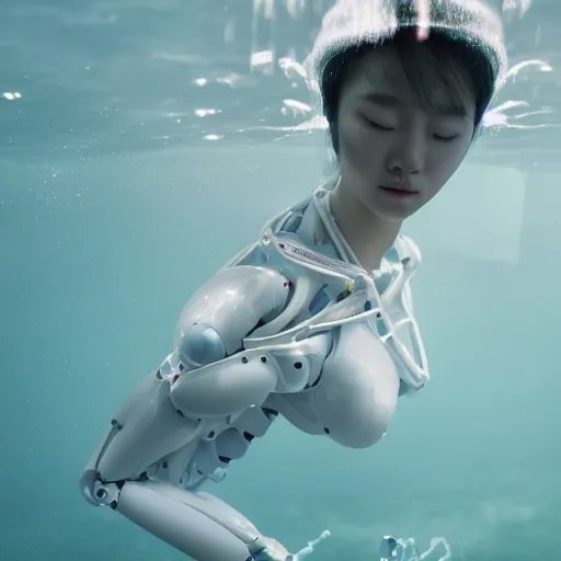 Prompt: beautiful centered fine art photo portrait of hoyeon jung as a solarpunk robotic humanoid treading above water, white mechanical parts with led lights, ultra - realistic and detailed, white background, sun lighting, soft focus, slow exposure hdr 8 k