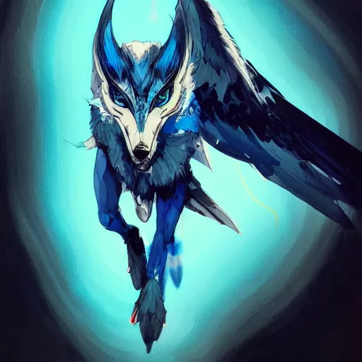 Image similar to concept art of winged wolf neon blue and black, highly detailed painting by dustin nguyen, akihiko yoshida, greg tocchini, 4 k, trending on artstation, 8 k