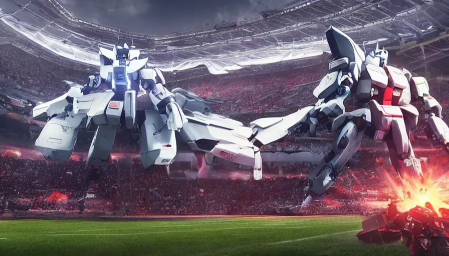 Image similar to a futuristic full stadium with a giant gundam on the field, establishing shot, unreal engine, hyper realism, realistic shading, cinematic composition, realistic render, octane render, detailed textures, photorealistic, ultrawide shot