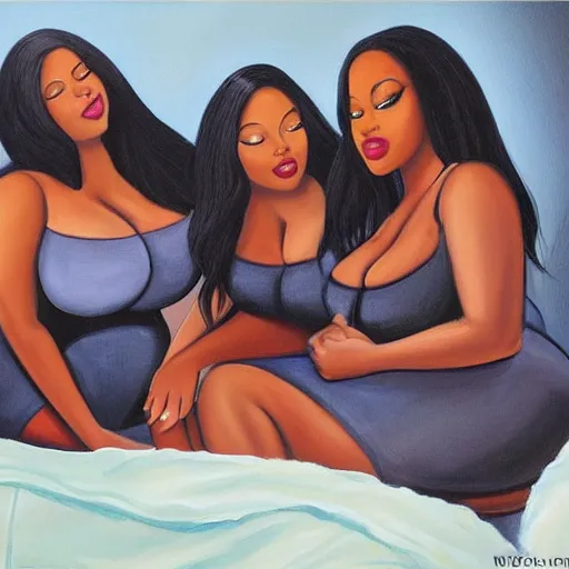 Image similar to stunning, coherent, beautiful painting, still of a group of black bbw models taking a picture of each other posing in the same bed , they are all laying down, one of them is on the phone with her boyfriend , 3d, in the style of pixar, smooth, 3d, highly detailed, highly detailed, sharp focus, bokeh, depth of field, 16k resolution, Unreal Engine 5, coherent, cinematic lighting, photorealistic