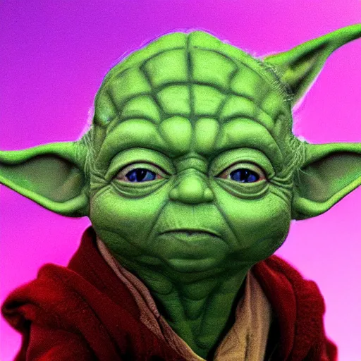 Image similar to yoda with pink eyes