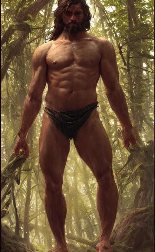 Image similar to god of the forest, 30 years old, rugged, male, gorgeous, detailed face, anatomically correct hands!!!!!!, amazing, thighs!!!!!!, muscular, intricate, highly detailed, digital painting, artstation, concept art, sharp focus, illustration, art by greg rutkowski and alphonse mucha